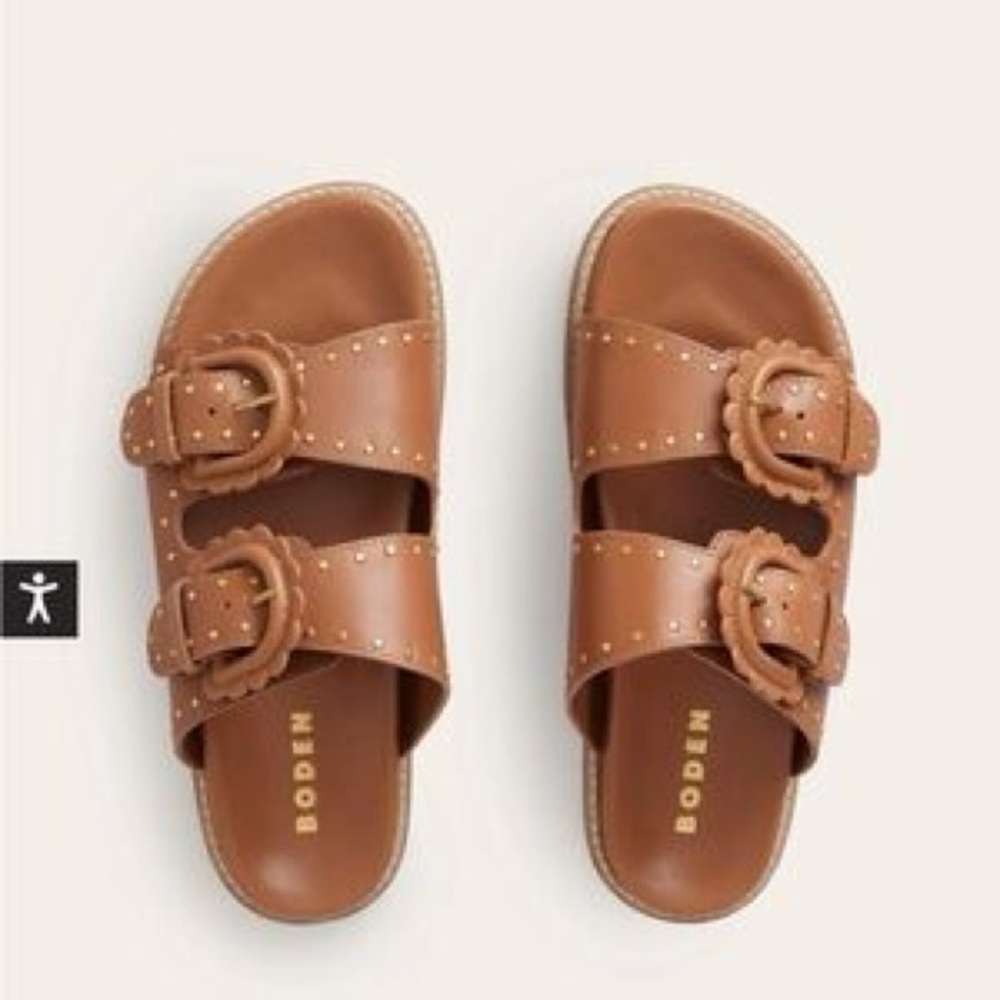 Boden Double Buckle Sandals Scalloped Brown Tan Leather Size 9 Boho Hippie